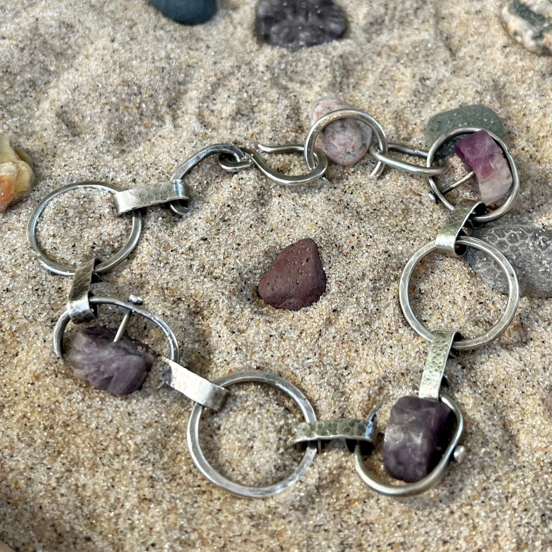 Handcrafted Artisan Sterling Silver and Unpolished Amethyst Bracelet 
